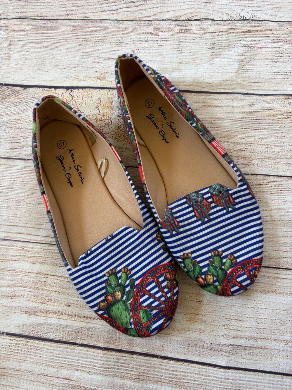 Antica Sartoria Blue Striped Slip-On Flats with Cactus Print Size 7